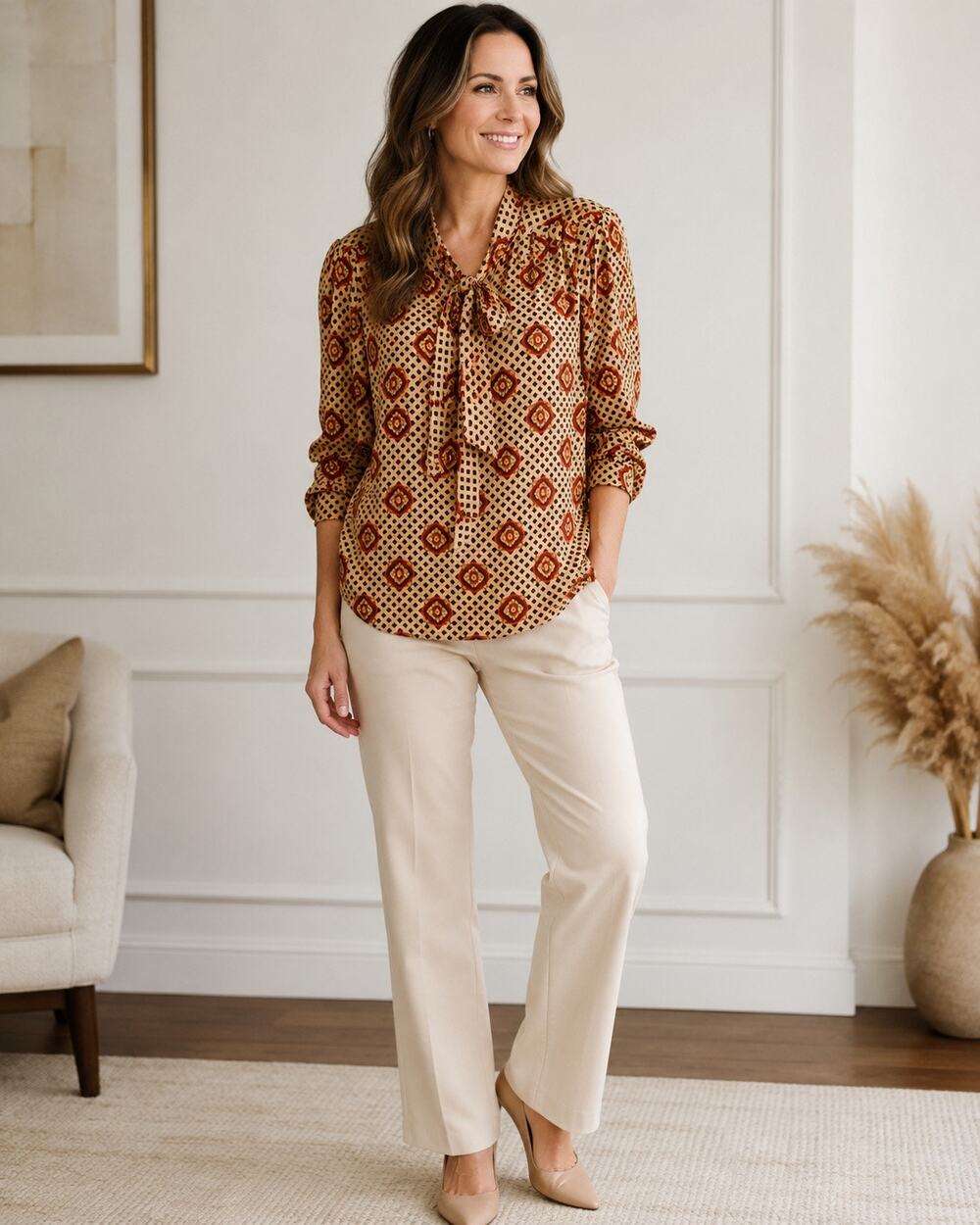 Vintage Koret Career Tie Neck Blouse 20W Paisley Diamond Print Secretary Top